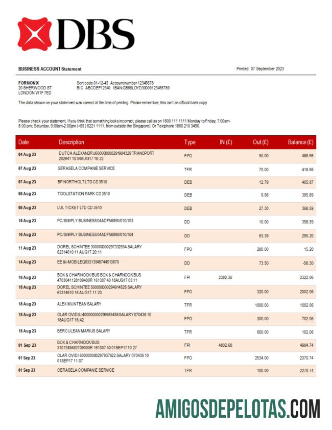 Em branco DBS Bank Organization Checking modelo de extrato de conta Word e PDF